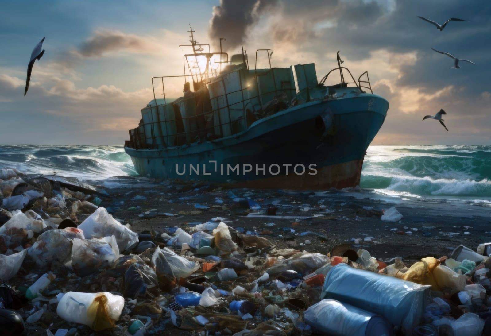 An environmental disaster on a beach. Garbage, plastic pollution, and discarded bottles . AI generation
