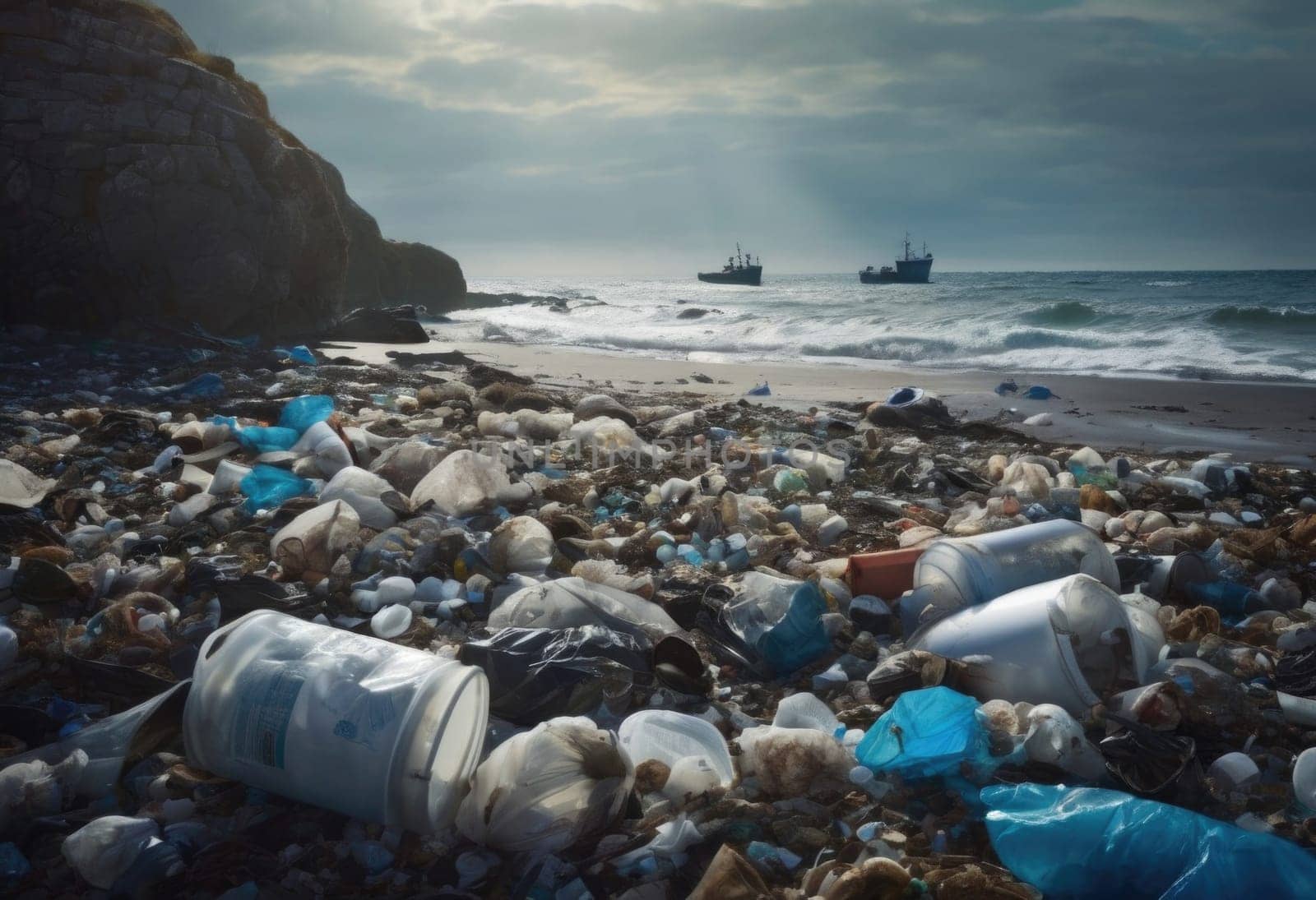 An environmental disaster on a beach. Garbage, plastic pollution, and discarded bottles . AI generation