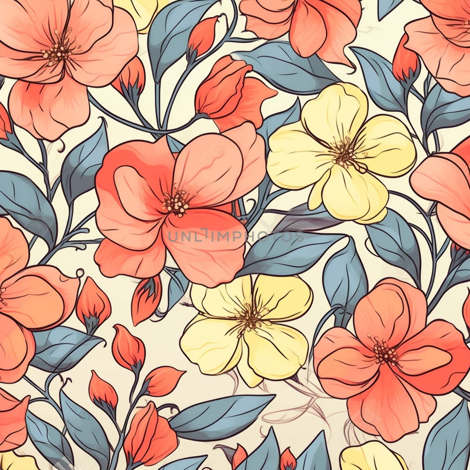 drawing spring summer fabric flower wallpaper pattern art textile leaf. Generative AI. by Vichizh