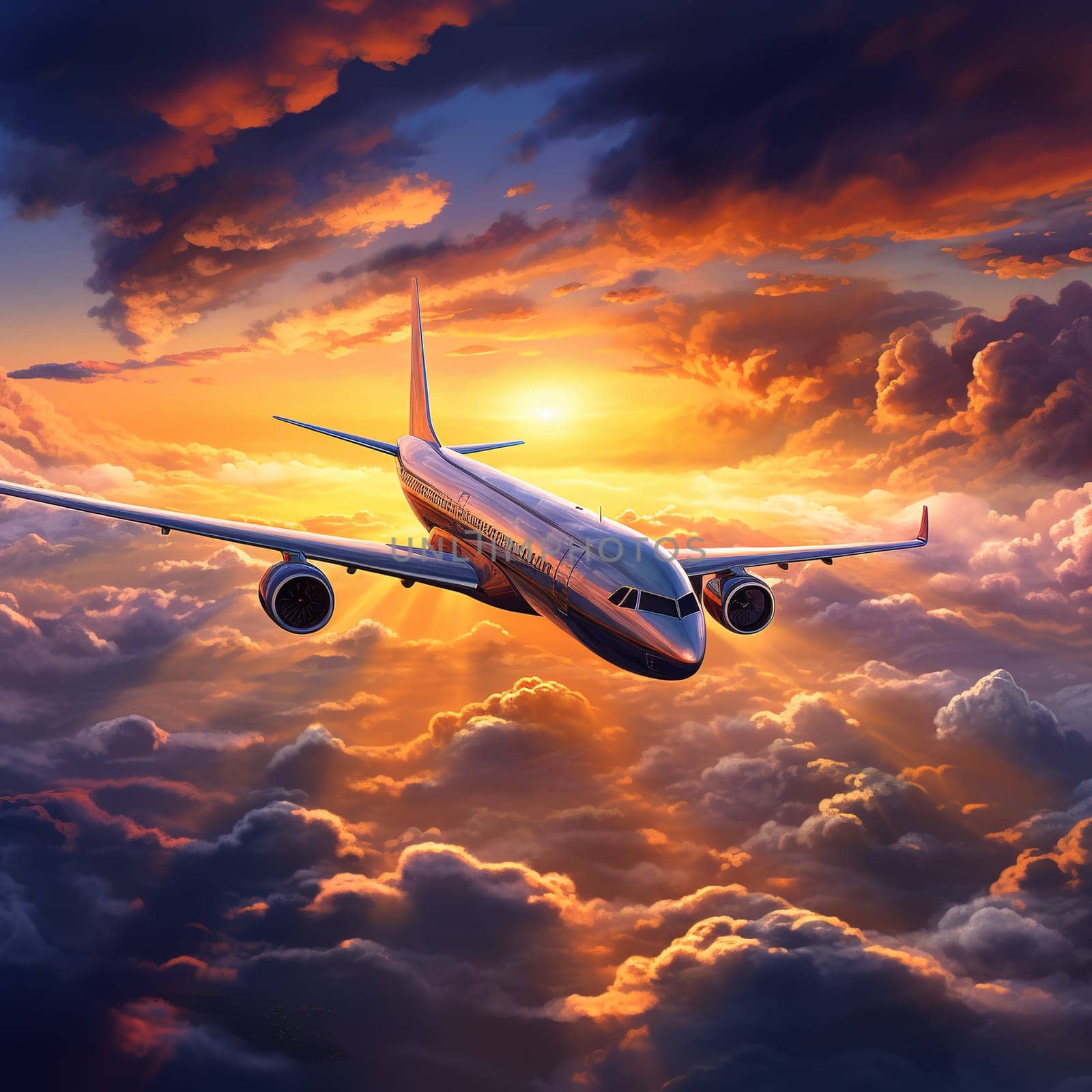 Airplane or airliner in the sky during lovely sunset, transportation concept by Kadula