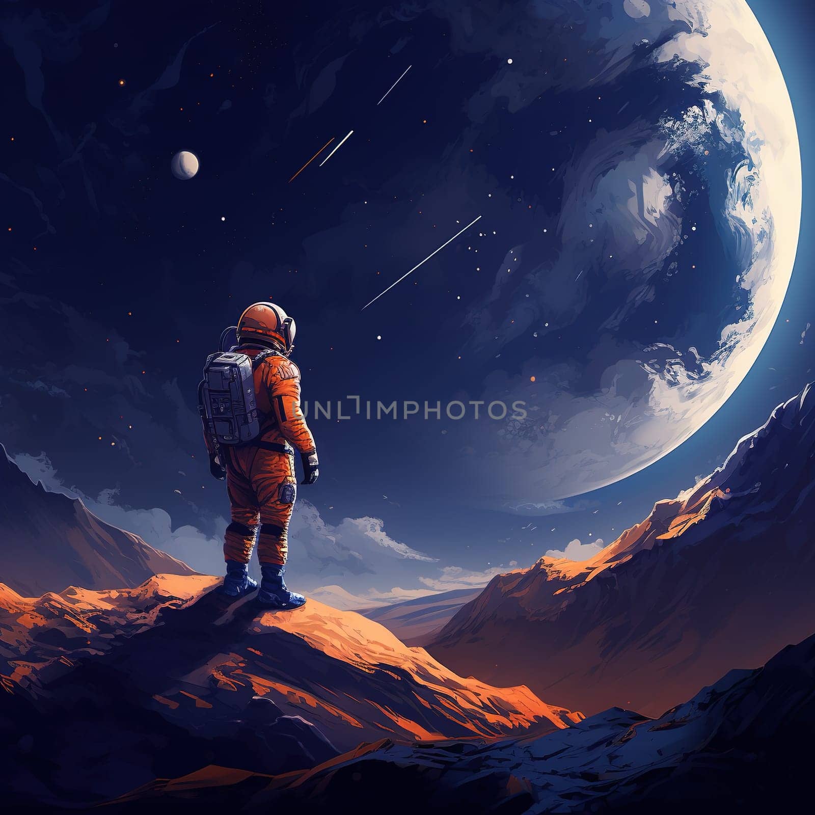 Astronaut on an unidentifiable planet and looking out, an astrology concept