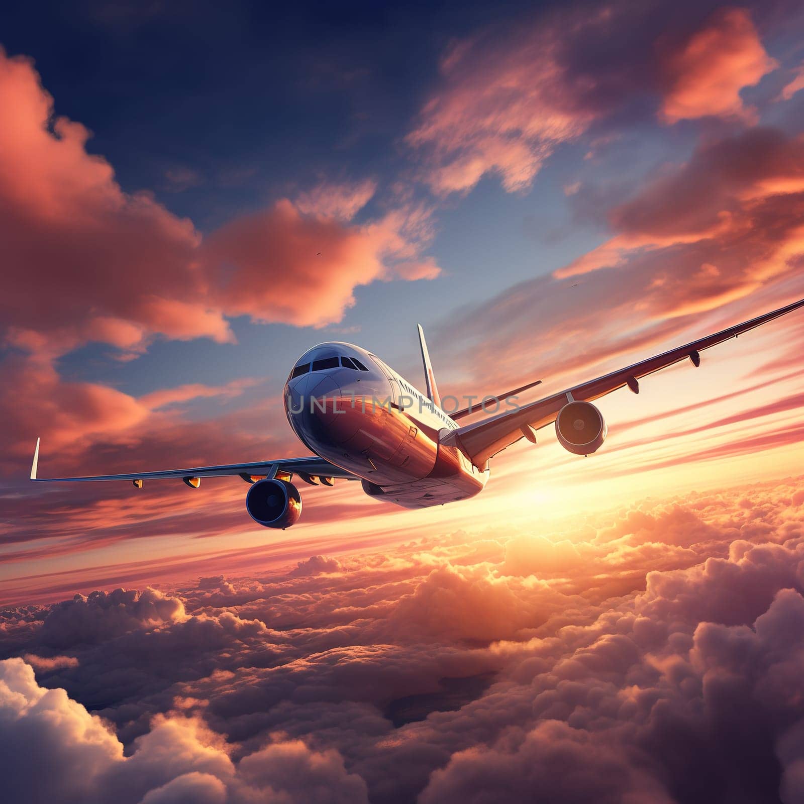Airplane or airliner in a sky during lovely sunset, transportation concept