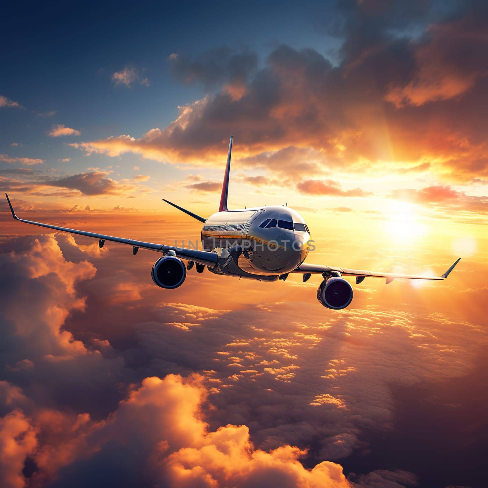 Airplane or airliner in a sky during lovely sunset, transportation concept