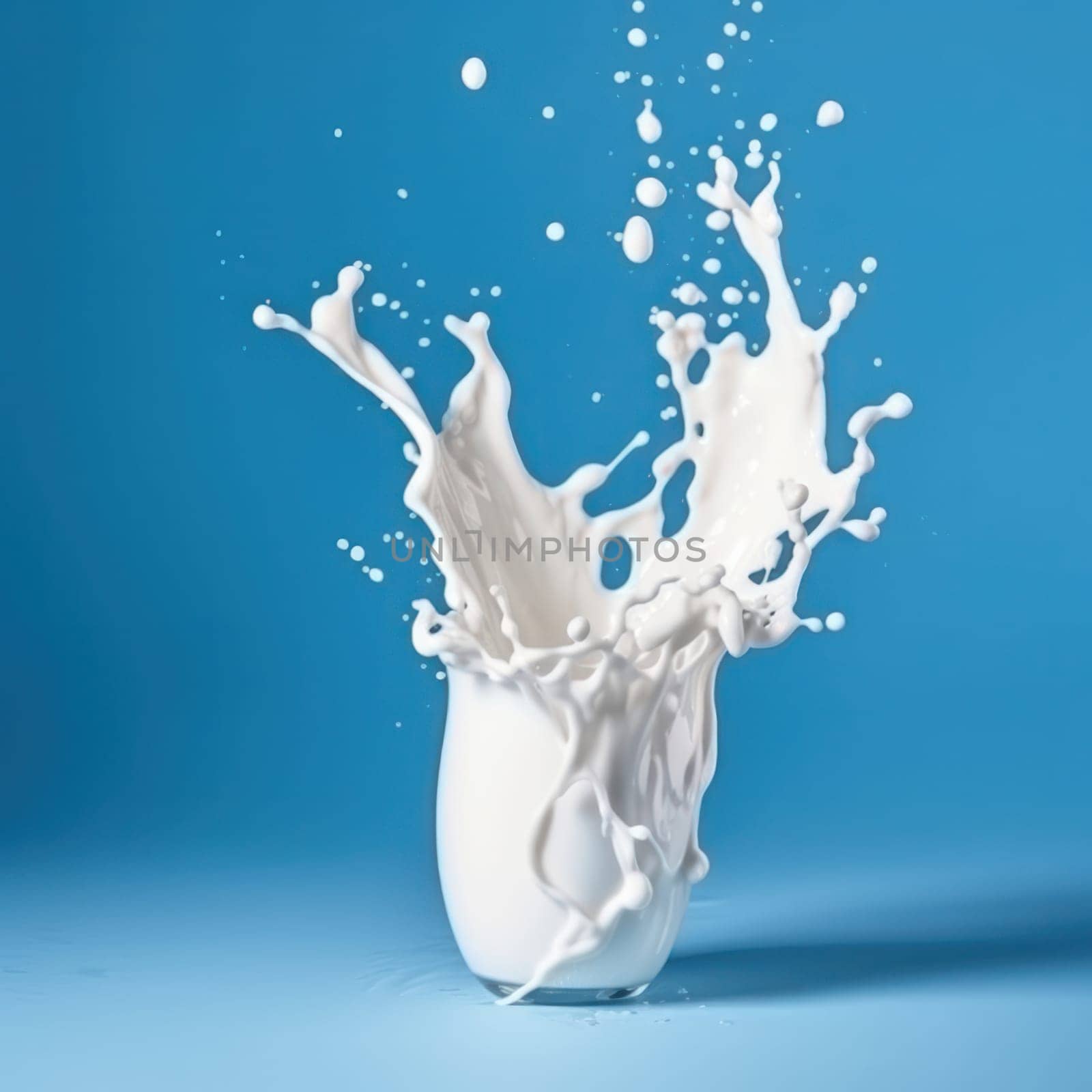 Milk splashing on a blue surface with artistic droplets by Sorapop