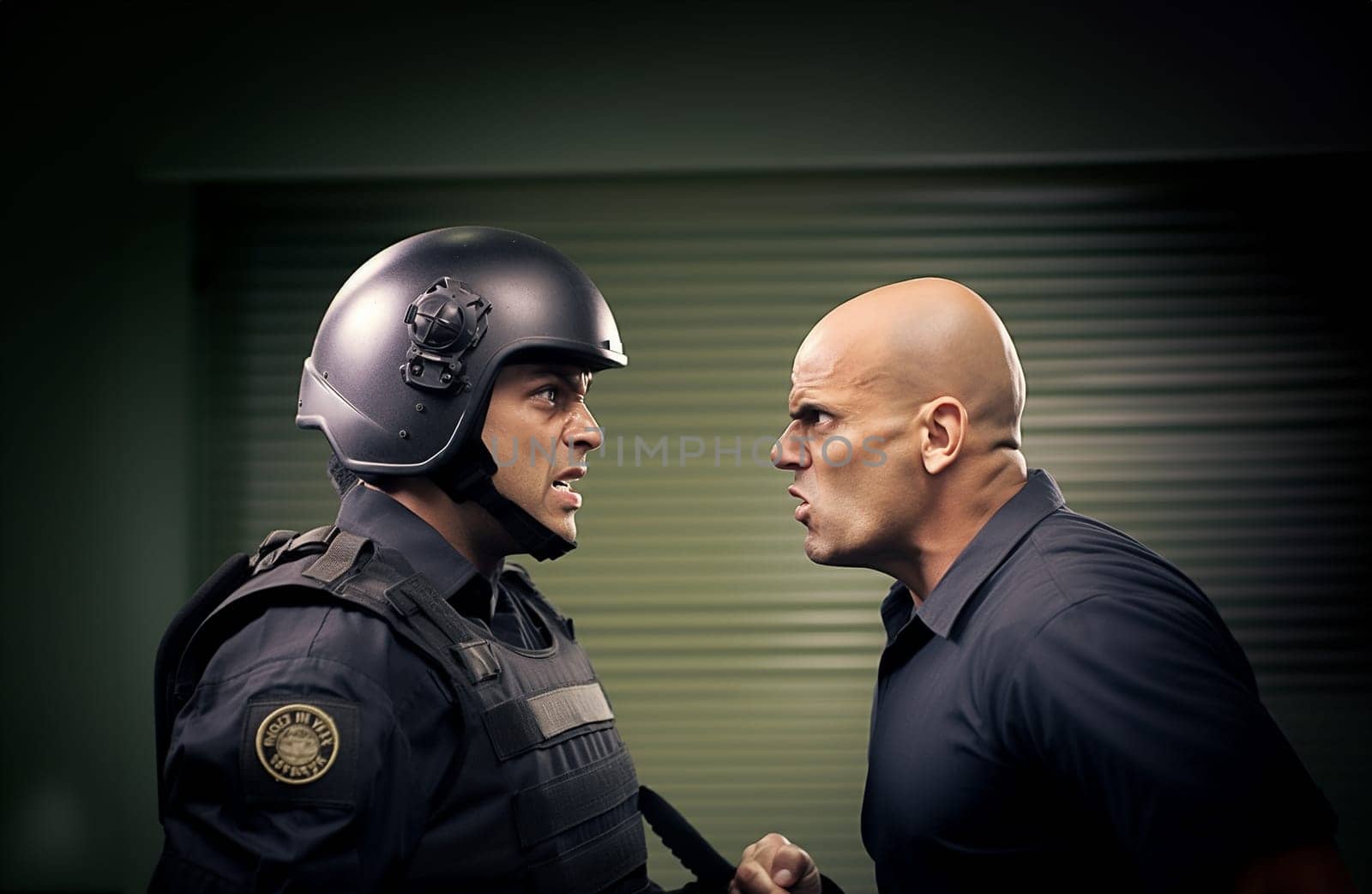 One riot police with protective gear and shields towards angry man protest,hooligan member. Special force police officer by riot protection copy space