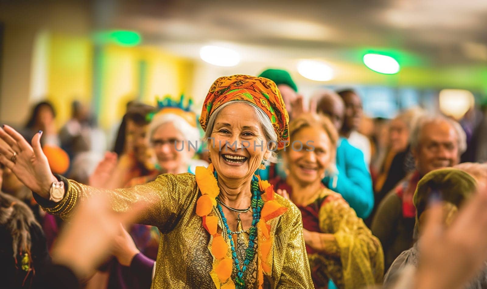 Big Family Celebrating Diwali Indian Family elderly in Traditional Clothes Gathered Together dancing having fun. Indian Moment of Happiness on a Hindu Holiday Party