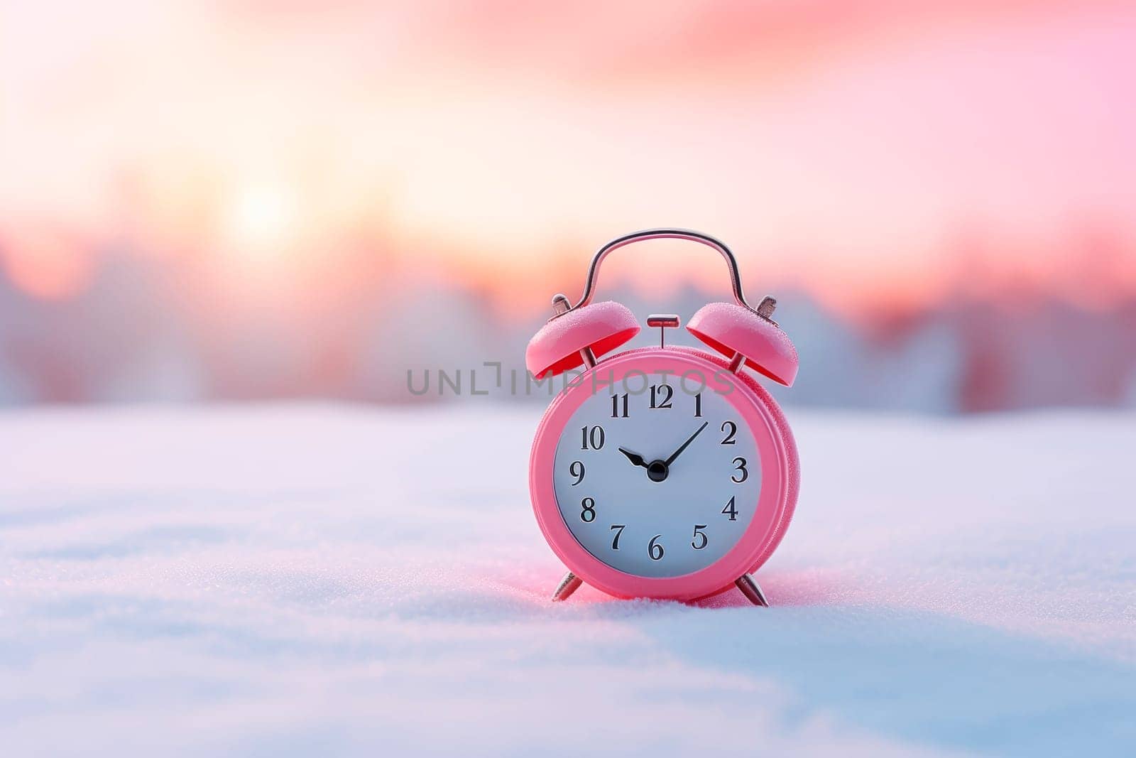 Alarm clock on the background of a winter landscape. by Spirina