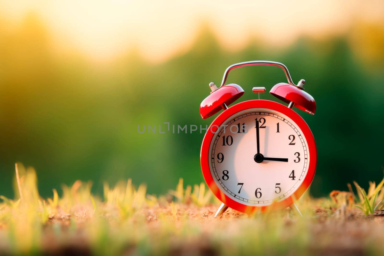 Alarm clock on the background of a summer landscape. daylight saving time.