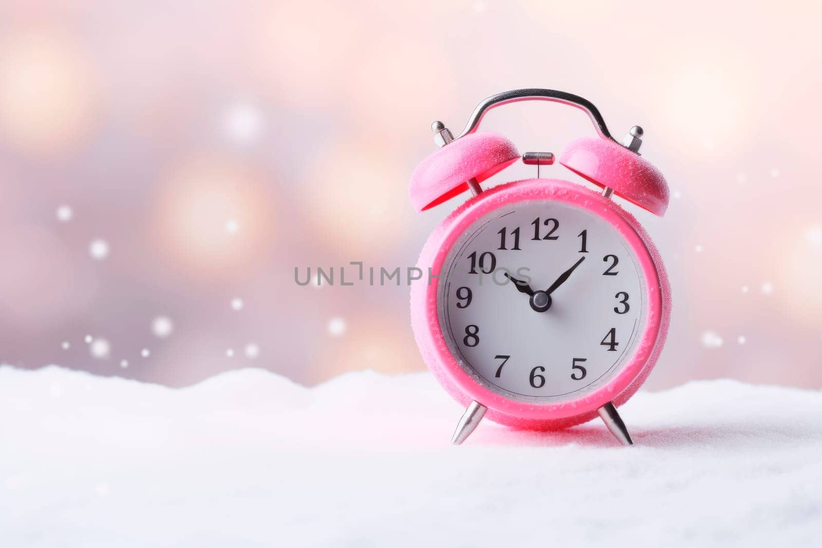 Alarm clock on the background of a winter landscape. Transition to winter time. The concept of Christmas.
