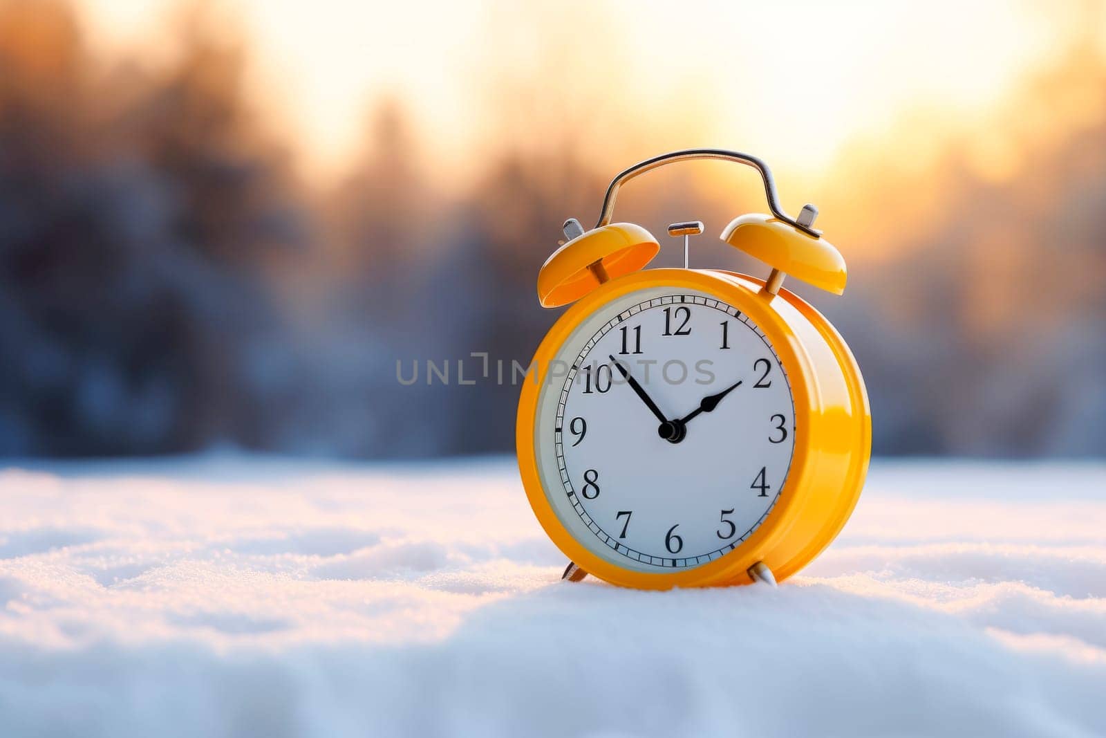 Alarm clock on the background of a winter landscape. by Spirina