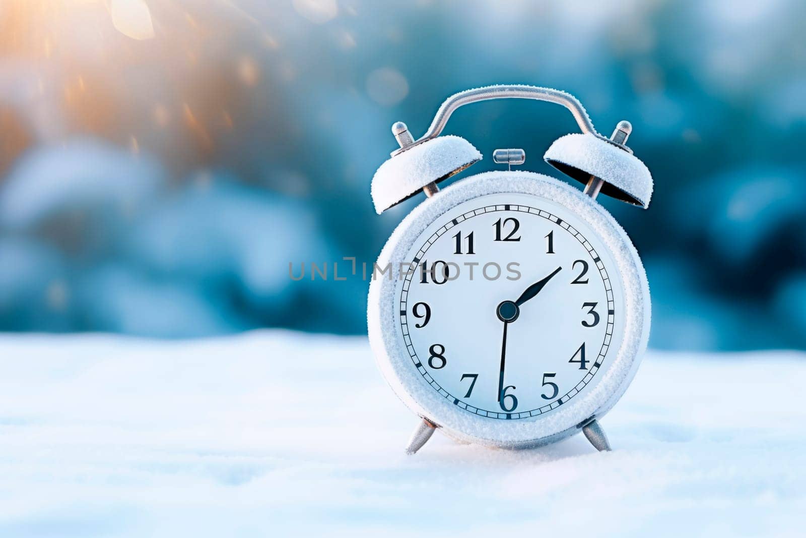 Alarm clock on the background of a winter landscape. by Spirina