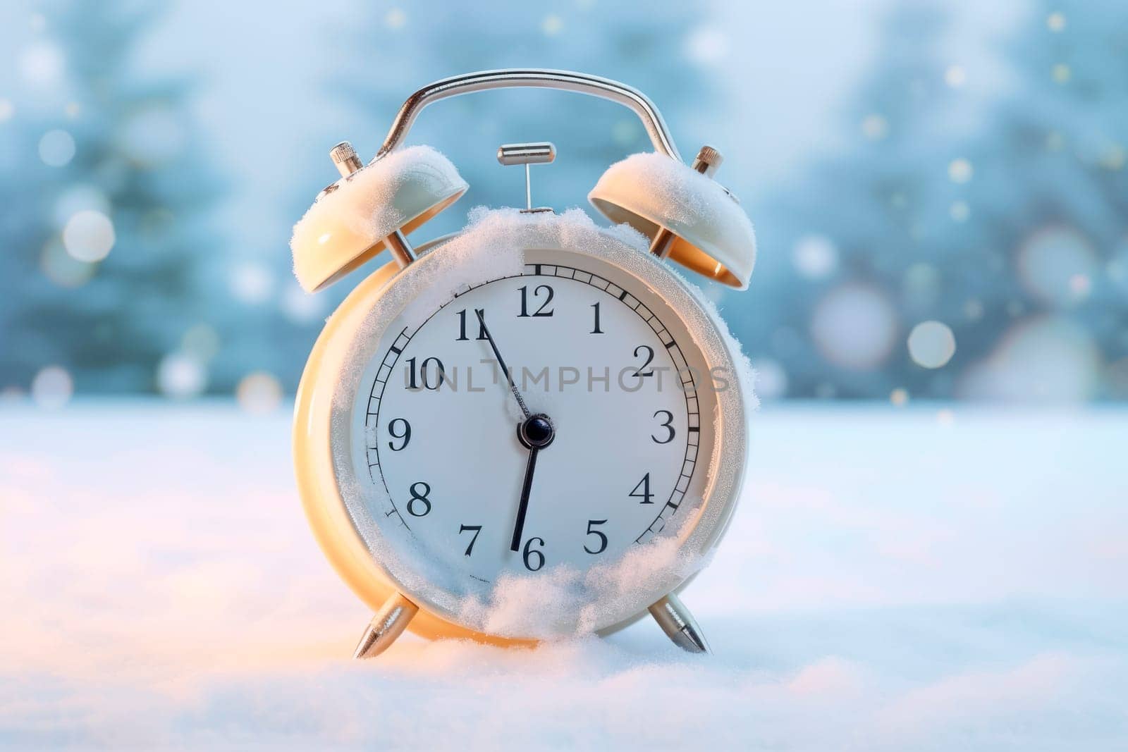 Alarm clock on the background of a winter landscape. Transition to winter time. The concept of Christmas.