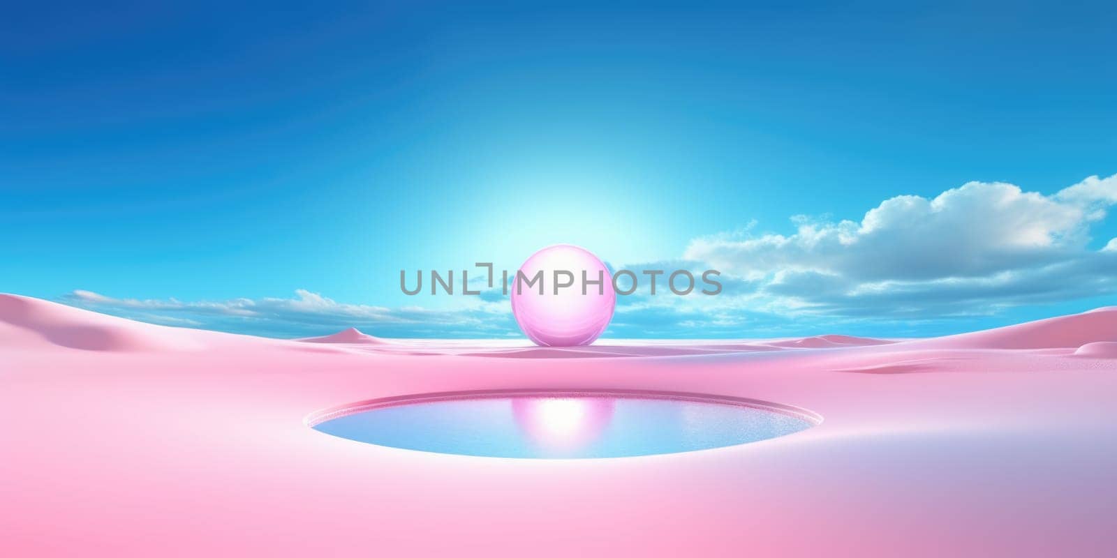 3d rendering abstract fantasy background. Surreal fantastic landscape. Blue sky, white fluffy clouds, neon round linear frame, calm water, pink sand dunes. Virtual reality paradise wallpaper. Generative AI image weber.