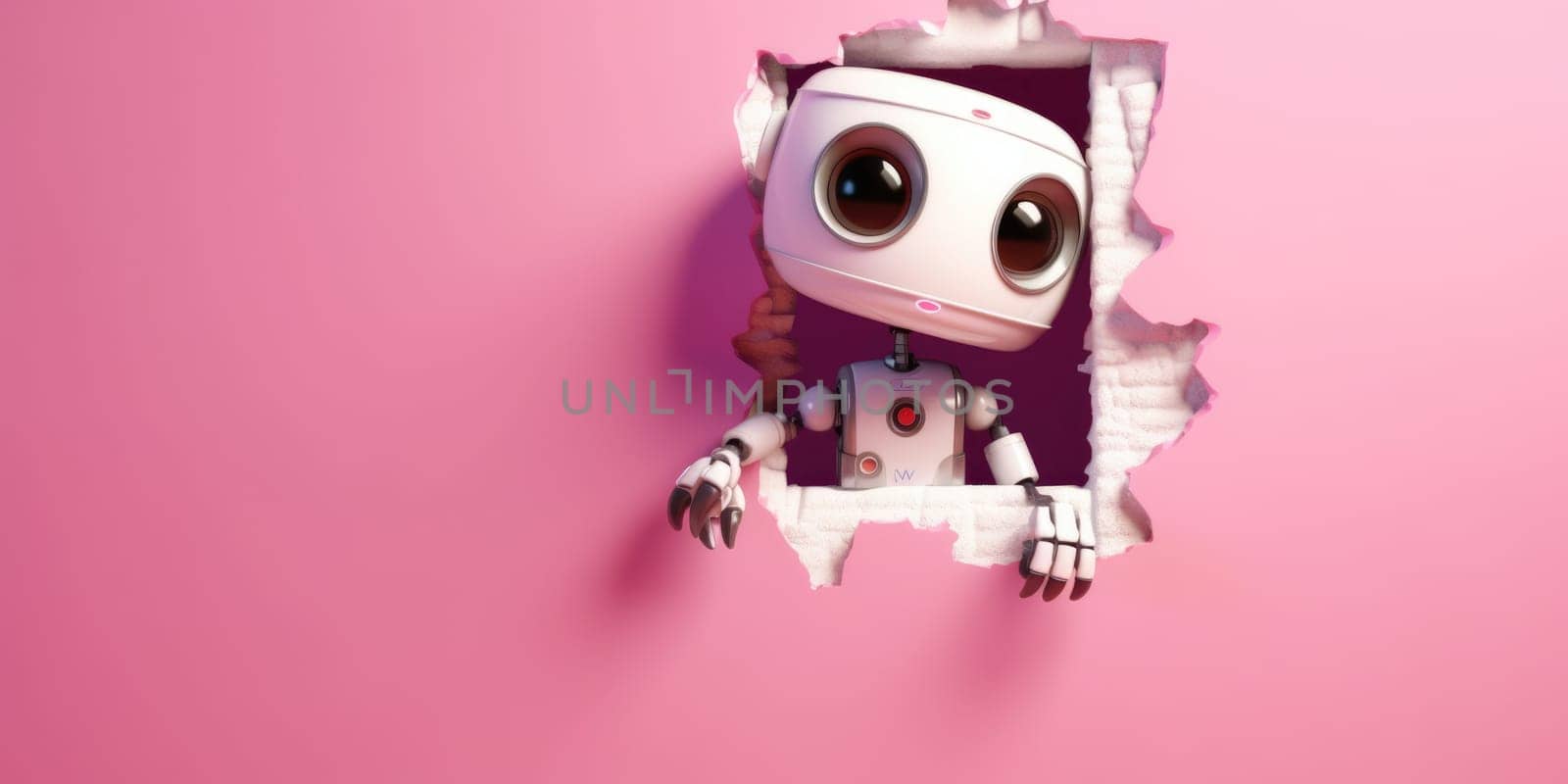 Cute robot toy peeking out of a hole in wall, torn hole, empty copy space frame, mockup. Generative AI image weber.