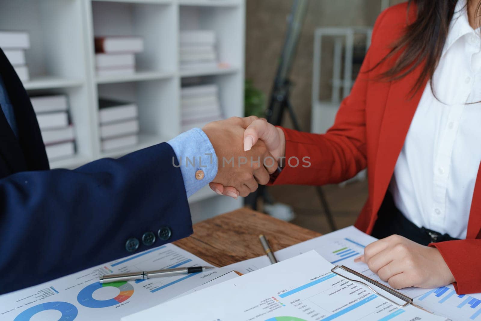 Handshake, contract deal and business partnership of meeting with shaking hands. Networking, hiring and professional negotiation of onboarding collaboration and congratulations of project by Manastrong