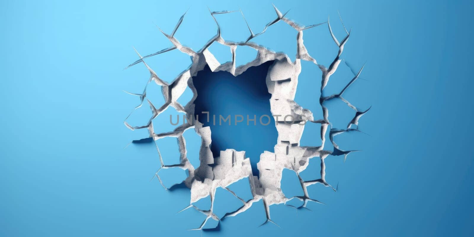Breaking out of a hole in solid blue wall, torn hole, empty copy space frame, mockup. Generative AI image weber.