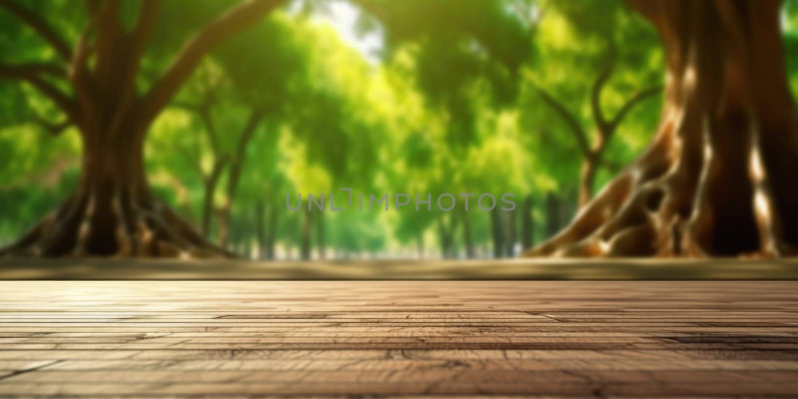 wooden floor and blurred tree forest on behing background. Generative AI weber. by biancoblue