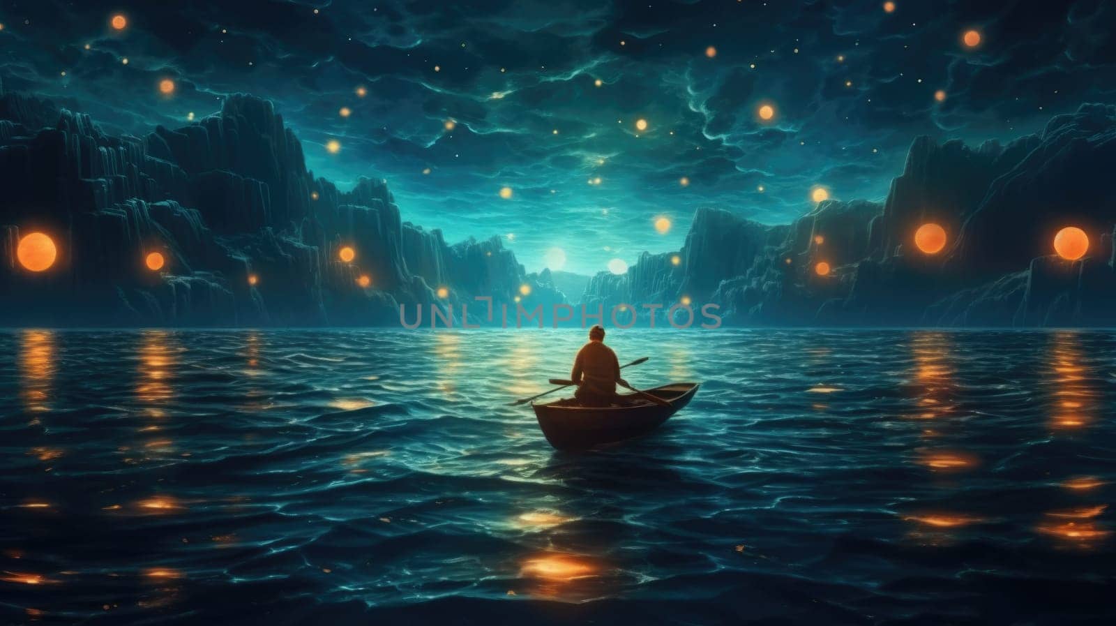 Night scenery of a man rowing a boat among many glowing moons floating on the sea, fantasy journey, surreal concept scenery artwork, dreamlike ocean. Generative AI image weber.