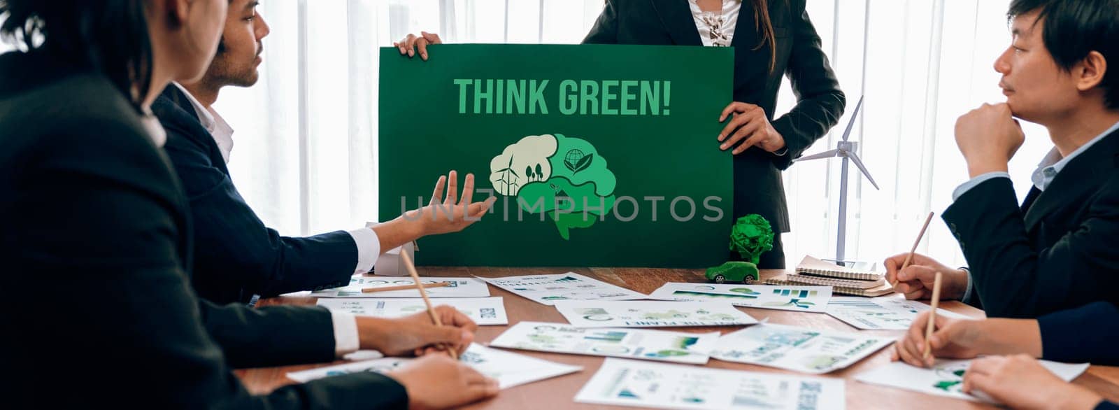 Green business company meeting on environmental awareness and ecological protection regulation implementing to reduce CO2 emission and save Earth as responsible and eco-friendly company. Trailblazing