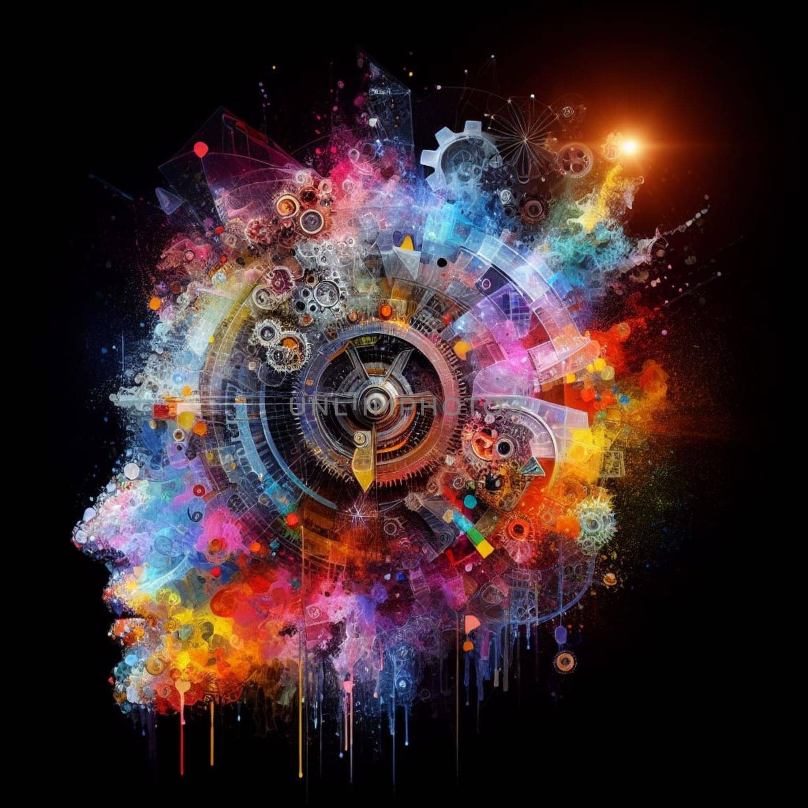 a color explosion of paint render a steampunk geared poly peace symbol creation abstract scupture generative ai art