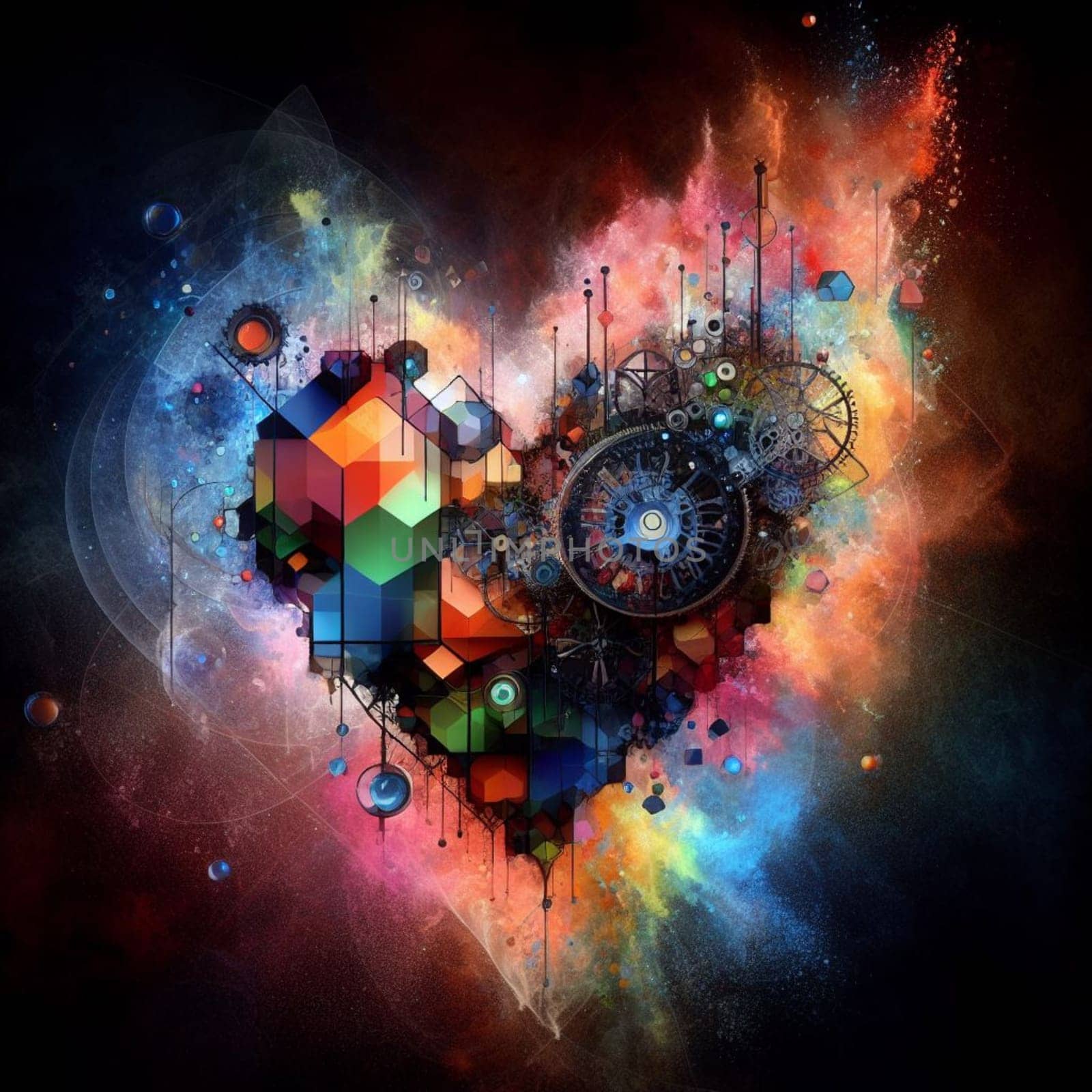 a color explosion of paint render a steampunk geared poly transparent heart - love concept generative ai art