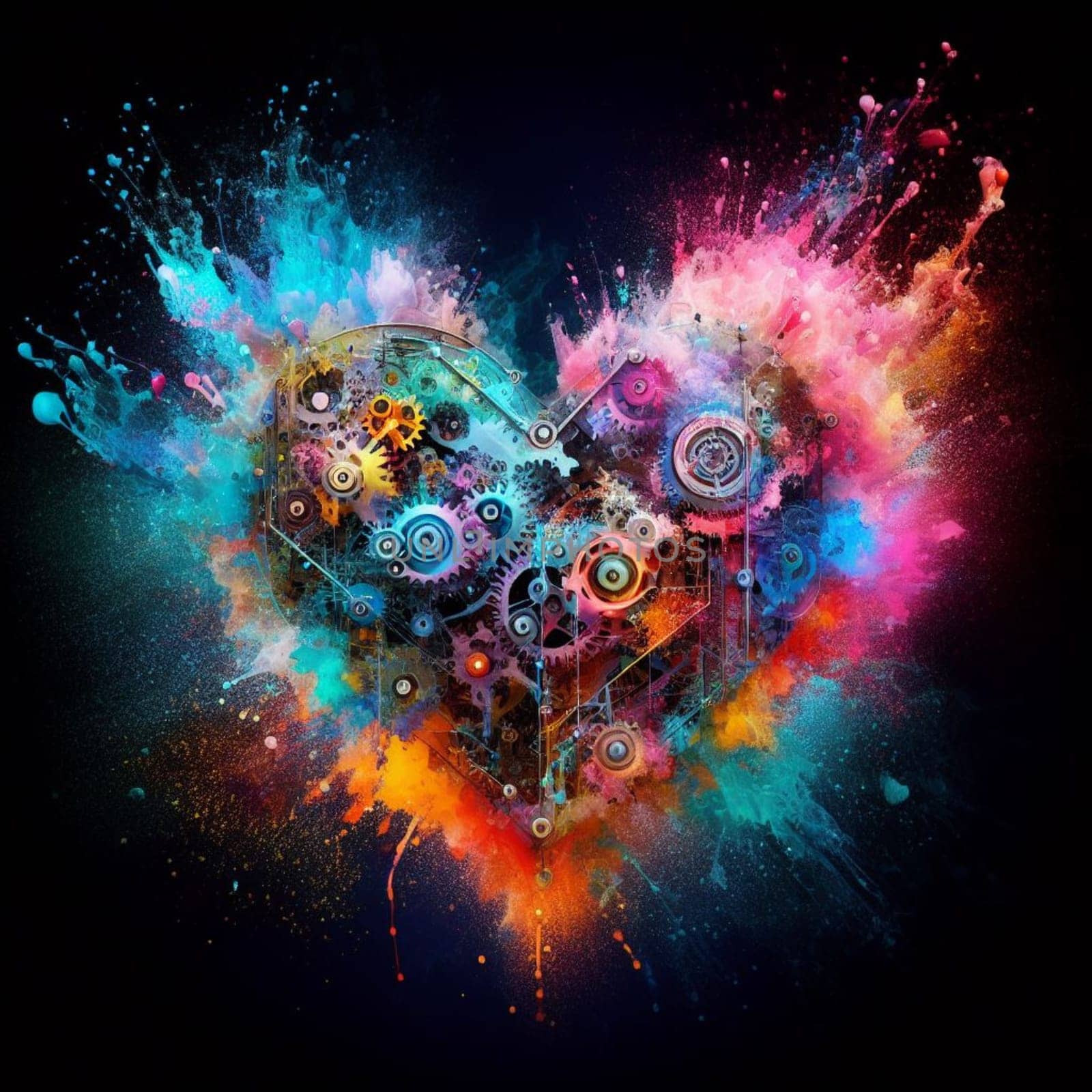 a color explosion of paint render a steampunk geared poly transparent heart - love concept generative ai art