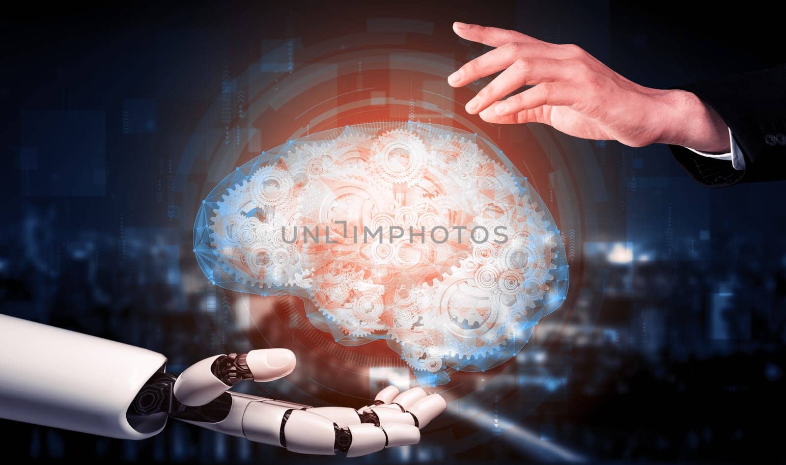 3D rendering artificial intelligence AI research of robot and cyborg development for future of people living. Digital data mining and machine learning technology design for computer brain.