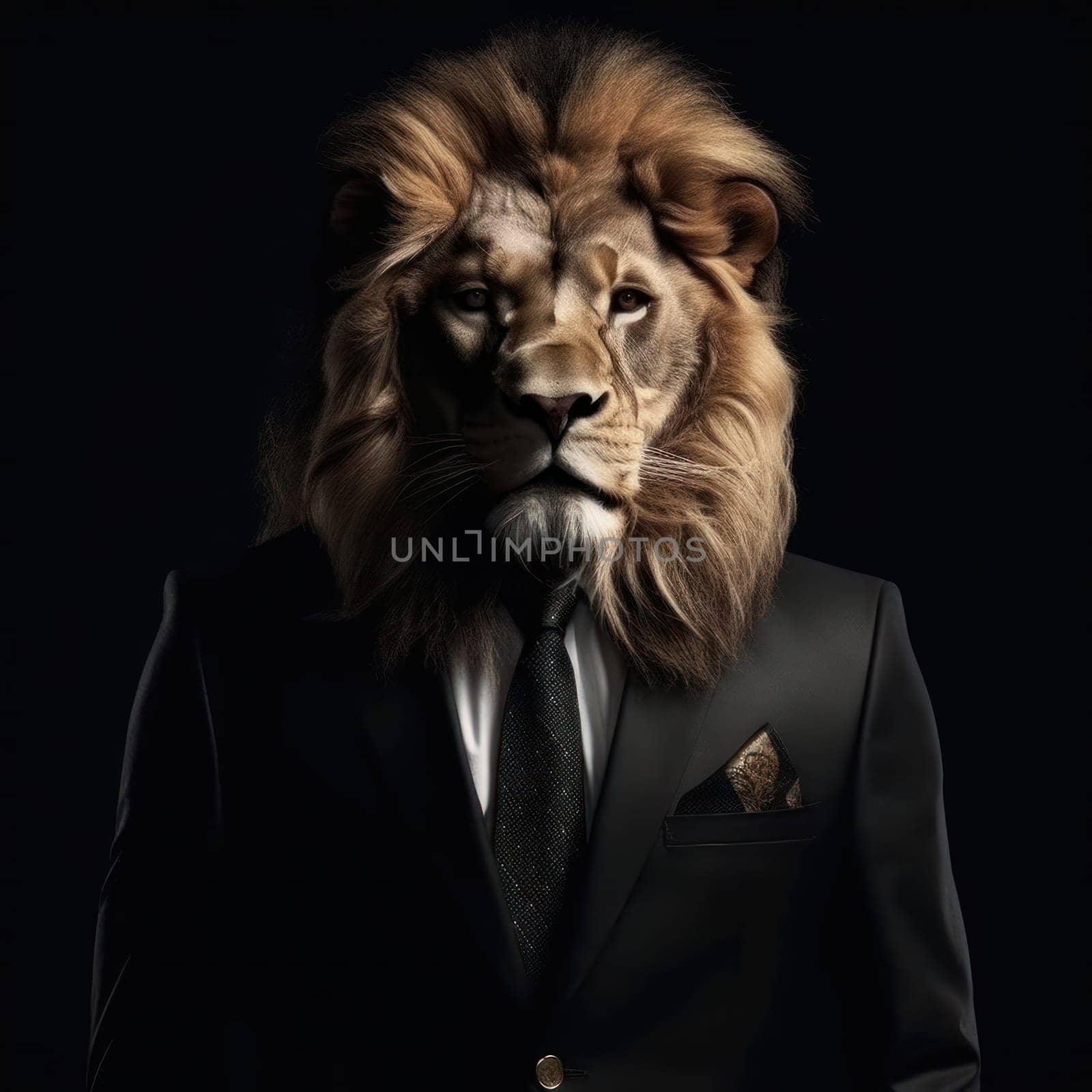This lion is the king of the corporate jungle Dressed in formal attire with a tail and paws, exuding power, elegance, and the wild essence of nature. AI Generative.