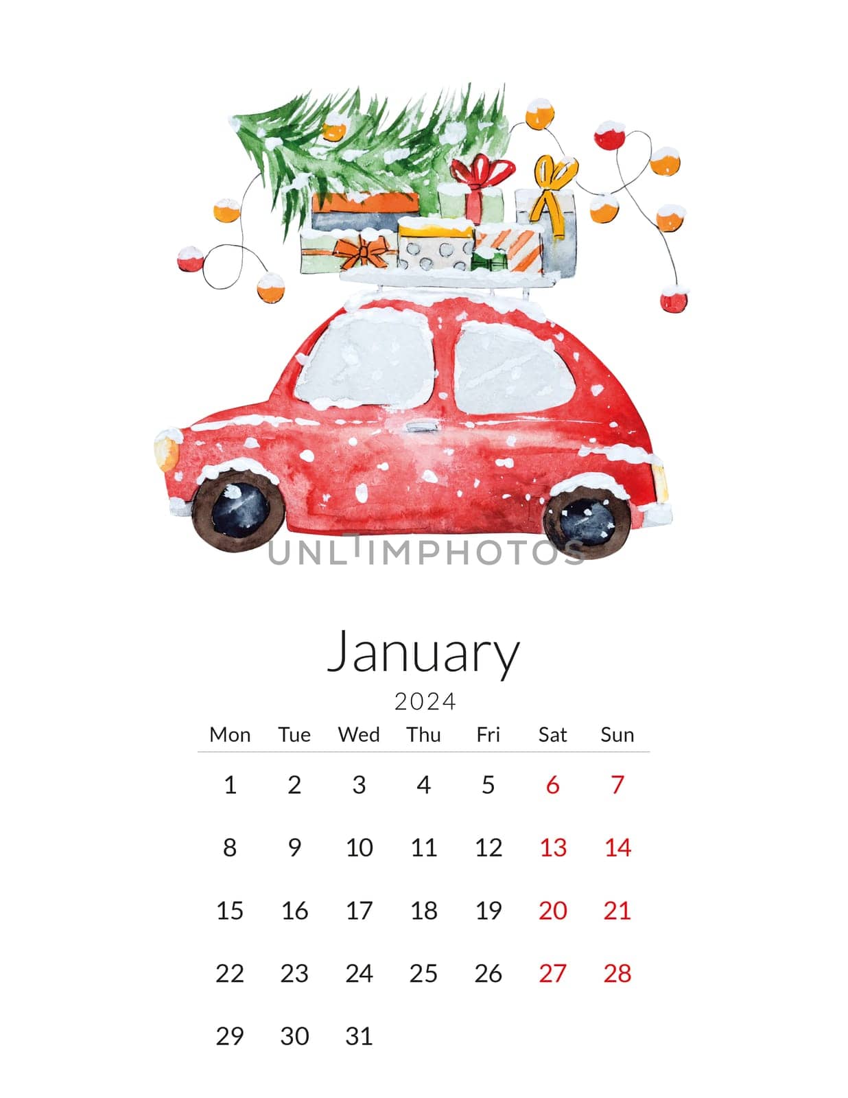 January 2024 calendar template. Handmade watercolor - Red Christmas car with a Christmas tree on the roof.
