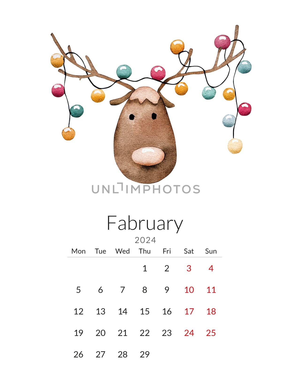 February 2024 calendar template. Handmade watercolor - New Year's deer with a garland on its horns