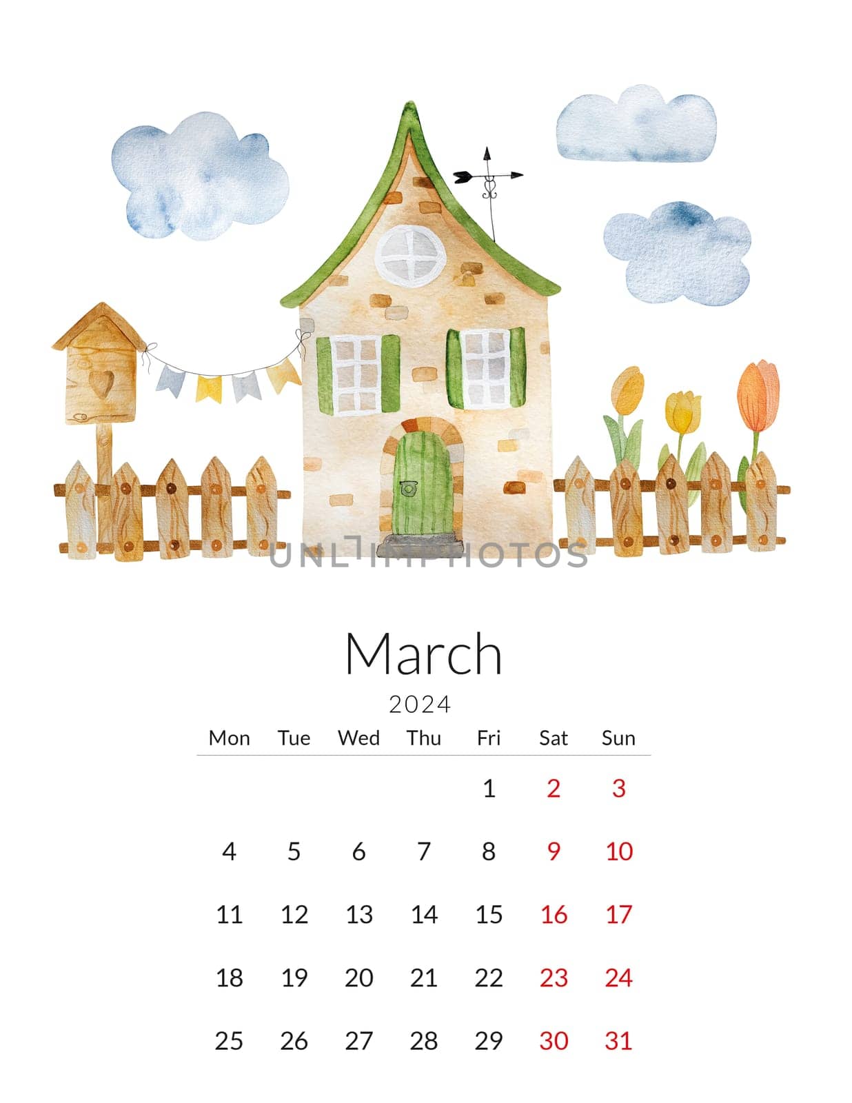 March 2024 calendar. Handmade watercolor - spring street with a house, fence and birdhouse