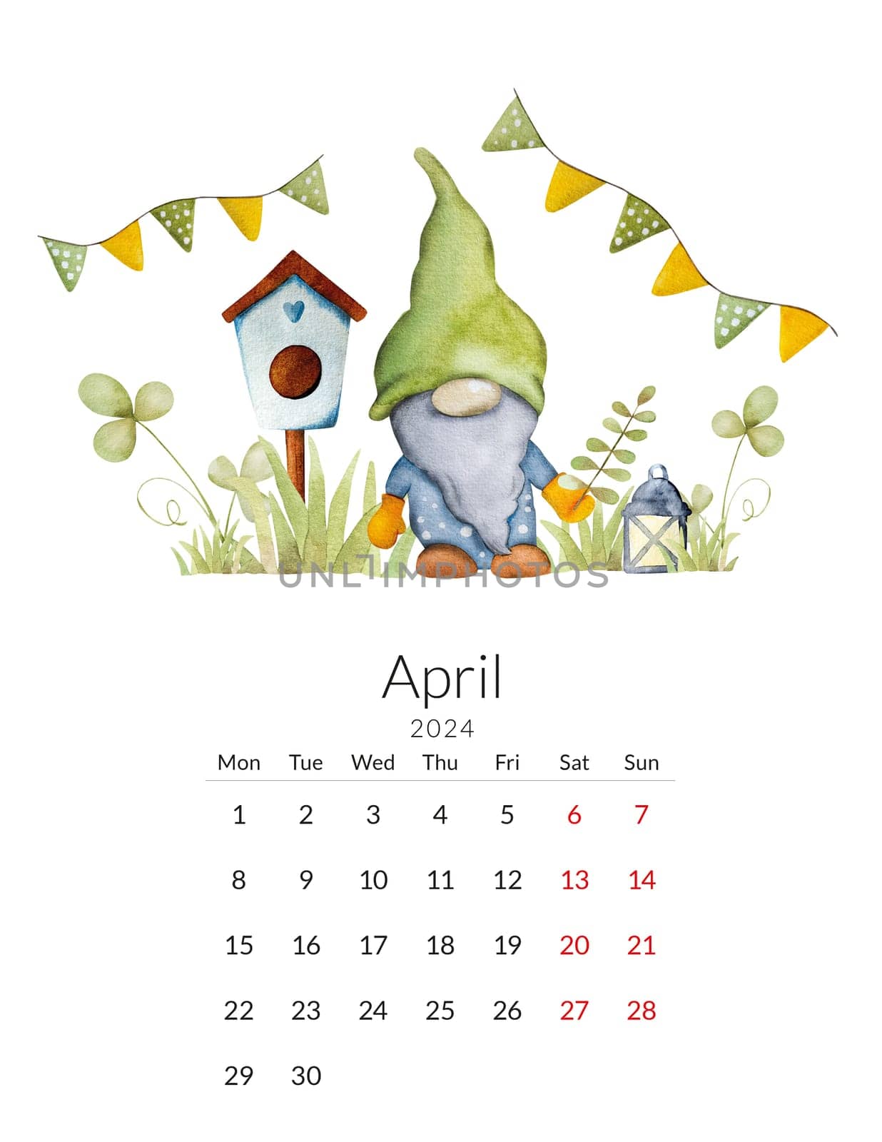 April 2024 calendar template. Handmade watercolor - forest drawing with a gnome and a birdhouse