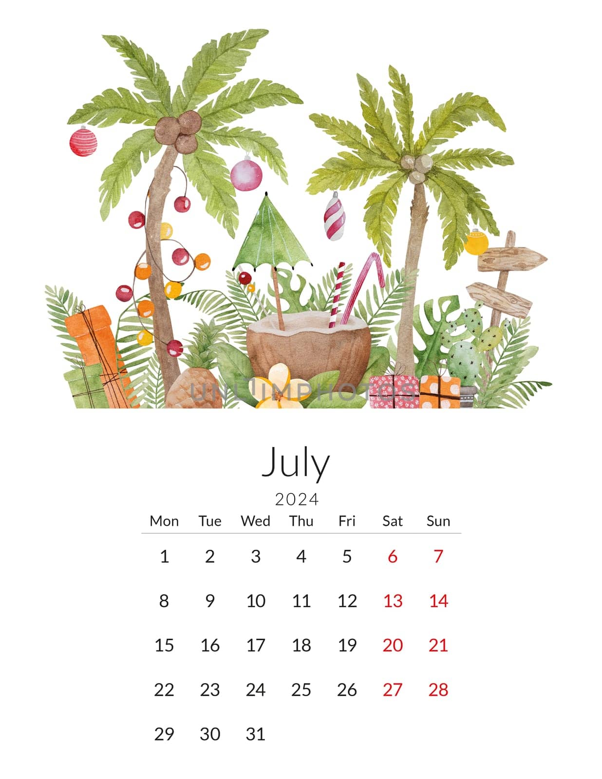 July 2024 calendar template. Handmade watercolor - tropical illustration with palm trees and coconut cocktail