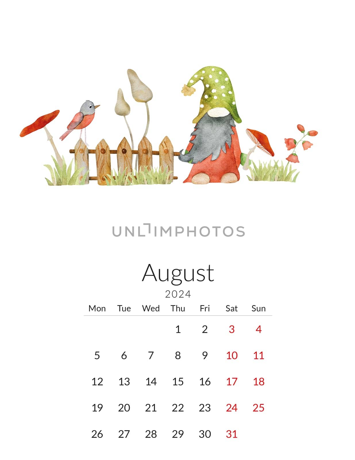 August 2024 calendar template. Handmade watercolor - forest drawing with a gnome and a mushrooms