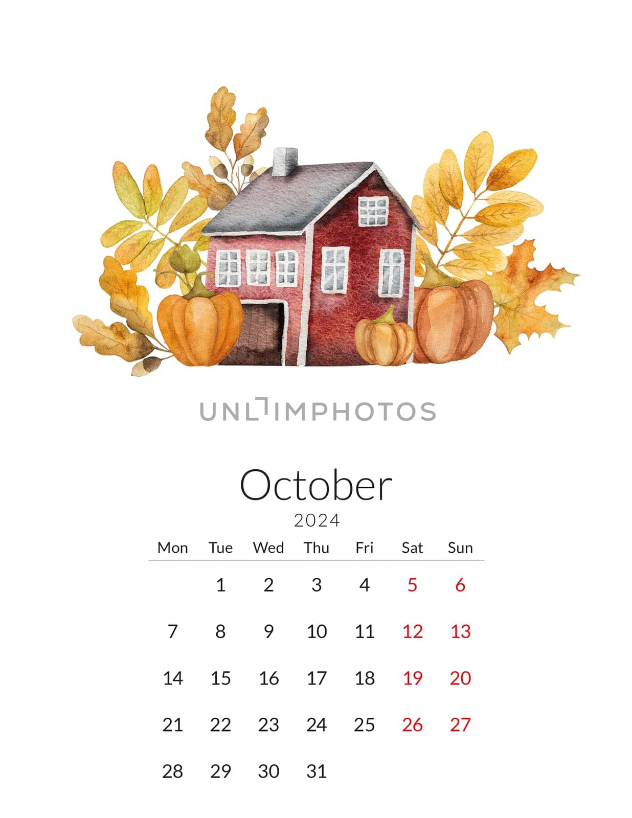 October 2024 calendar template. Handmade watercolor - autumn illustration with pumpkins and a house