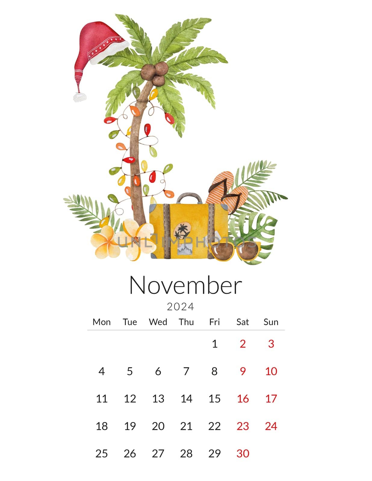 November 2024 calendar template. Handmade watercolor - tropical illustration with palm trees New Year's hat and a suitcase