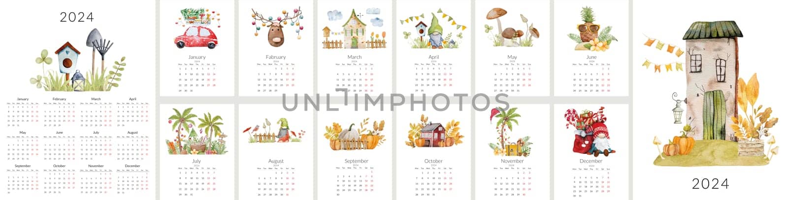 2024 calendar template with handmade watercolor illustrations