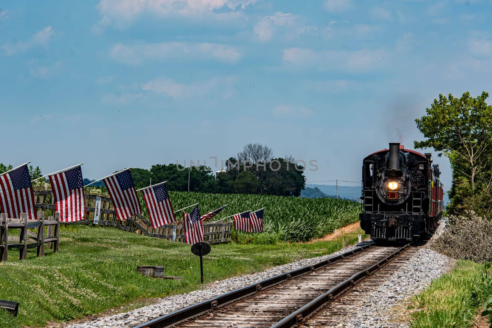 A classic steam train moves along the tracks in lush green countryside. American flags line the pathway, adding color to the bright blue sky and warm sunlight.