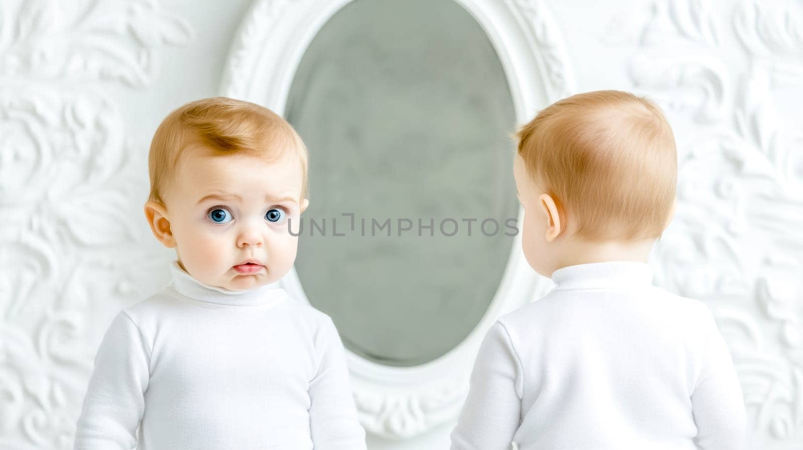 Two identical twin babies are standing in front of an elegant oval mirror, wearing matching white turtlenecks, exploring the concept of self recognition and reflection in a bright, white room