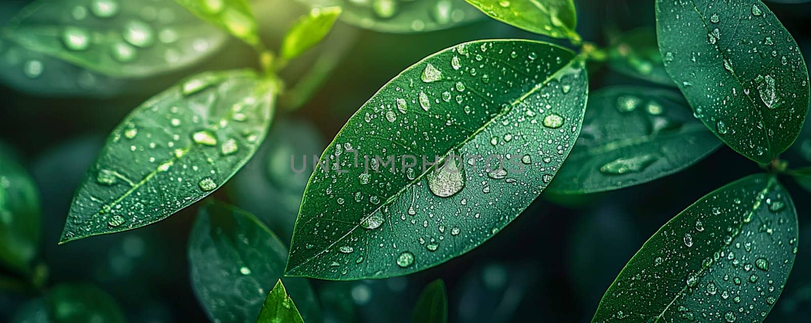 Macro photography of fresh green leaves with raindrops, representing the natural harmony of the surrounding flora. AI generated.