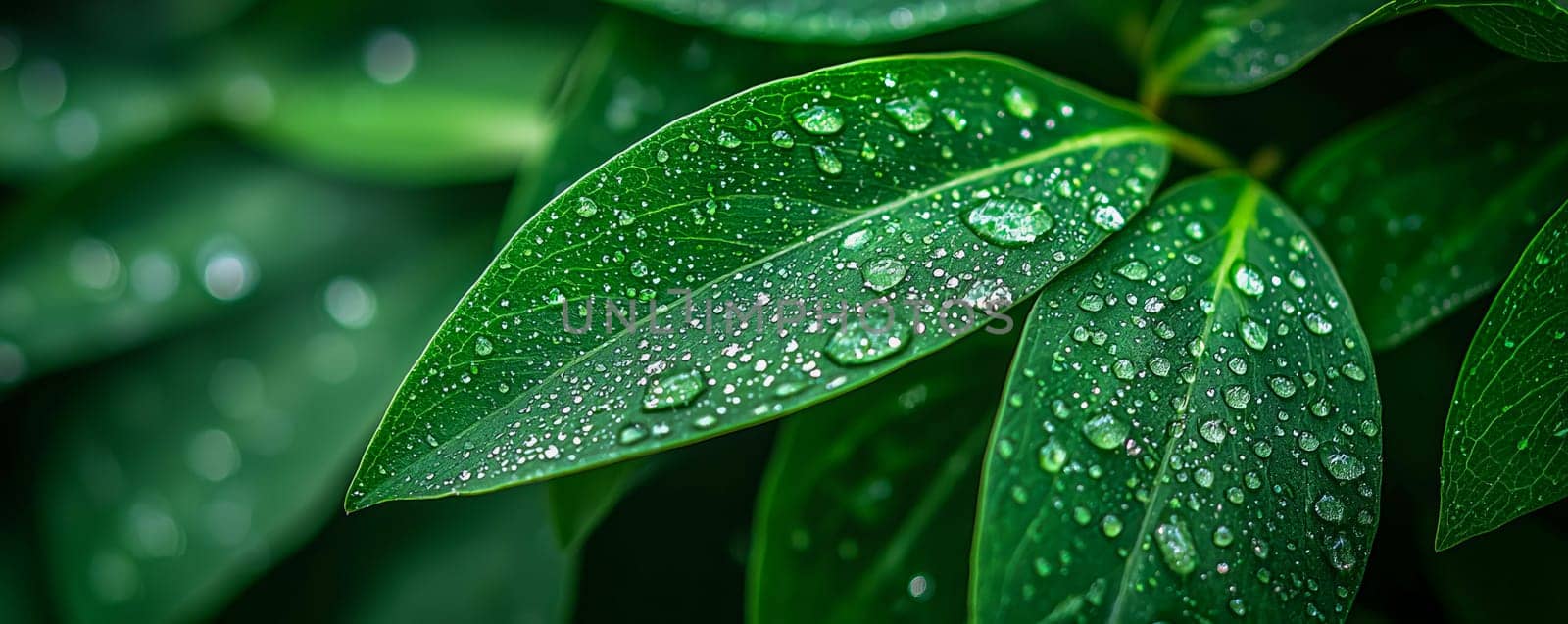 Macro photography of fresh green leaves with raindrops, representing the natural harmony of the surrounding flora. AI generated.