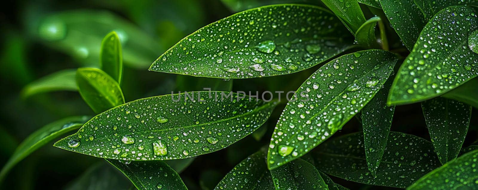Macro photography of fresh green leaves with raindrops, representing the natural harmony of the surrounding flora. AI generated.