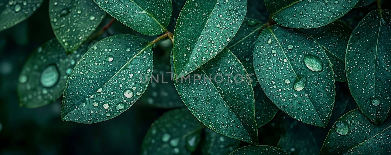 Macro photography of fresh green leaves with raindrops, representing the natural harmony of the surrounding flora. AI generated.