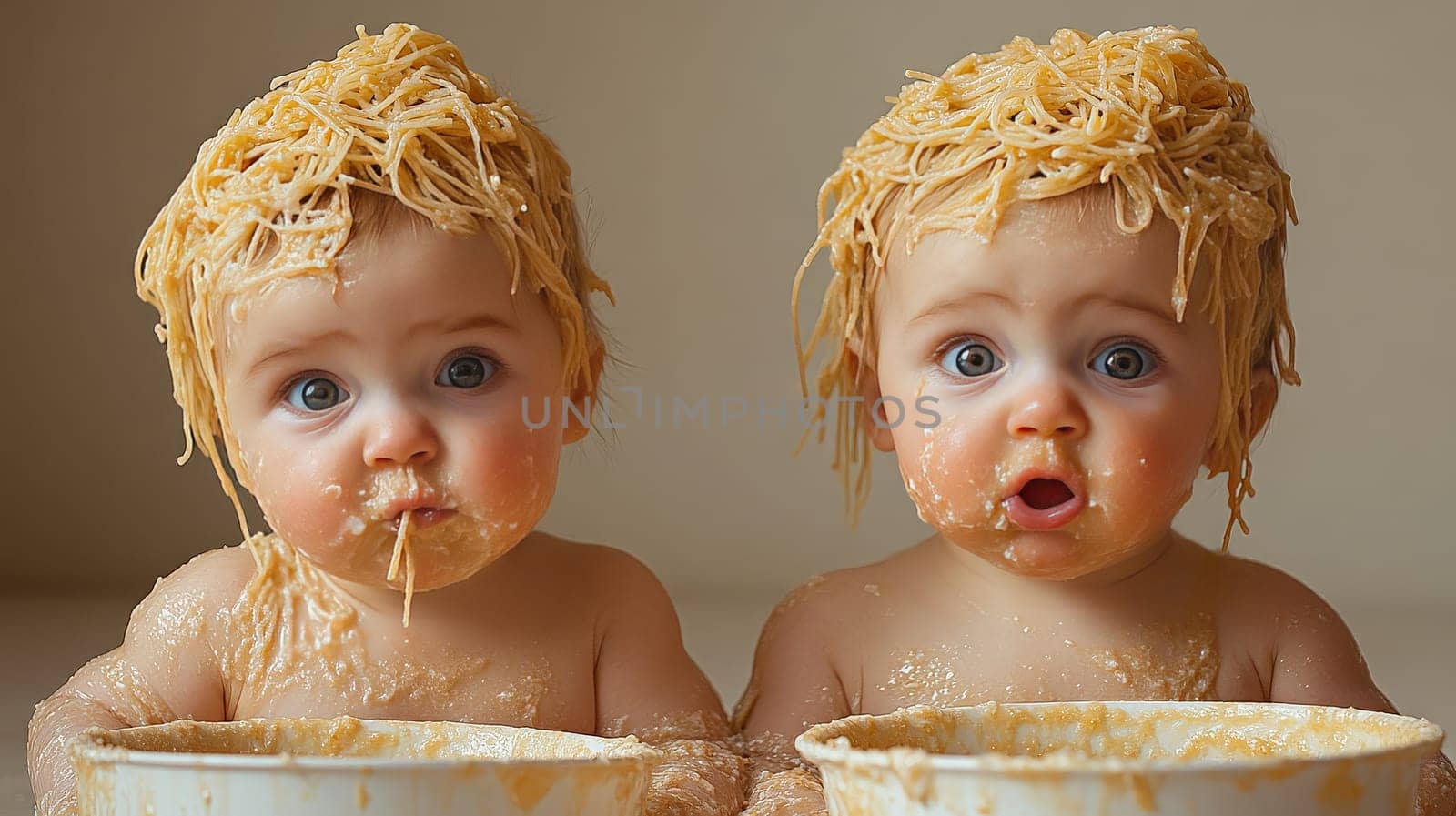 Two adorable babies covered in spaghetti are enjoying a messy mealtime