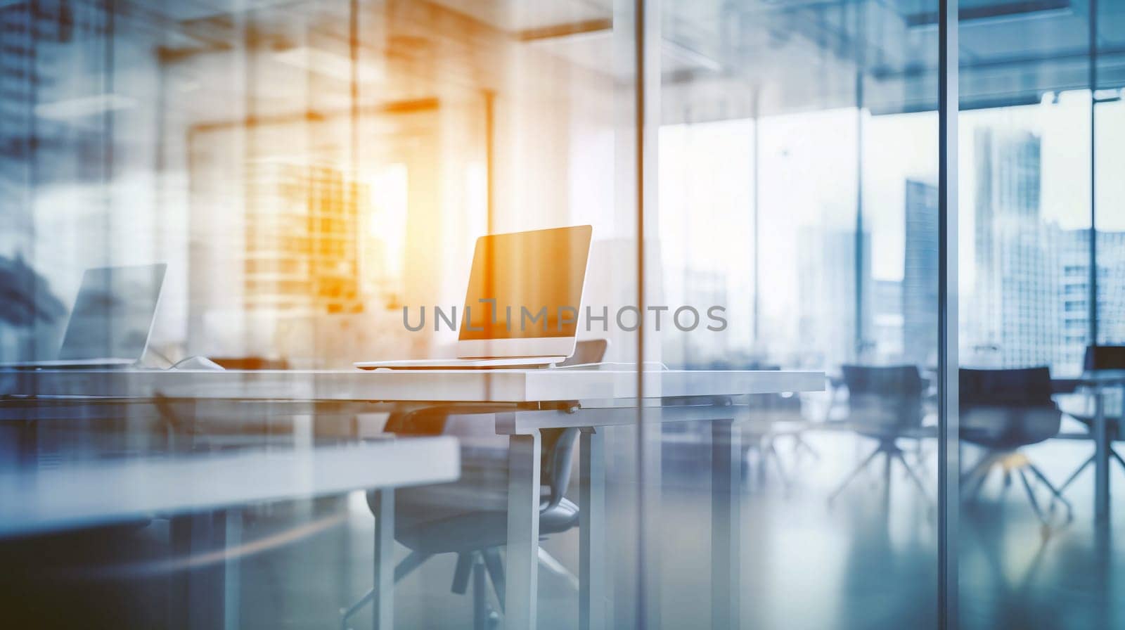 Sunlight streams through glass windows of a contemporary office, highlighting a laptop on a sleek desk, with a vibrant city backdrop in the late afternoon - Generative AI
