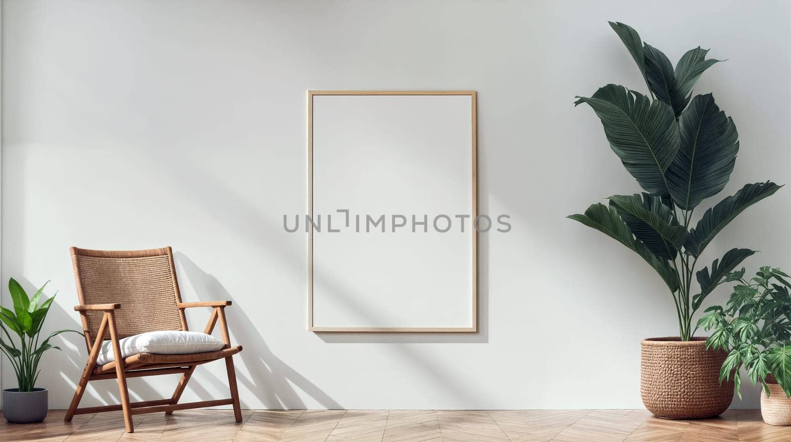 A cozy living room displays a wooden chair and vibrant indoor plants beside a blank frame on a light wall, creating a serene and stylish atmosphere - Mockup wall frame - Generative AI