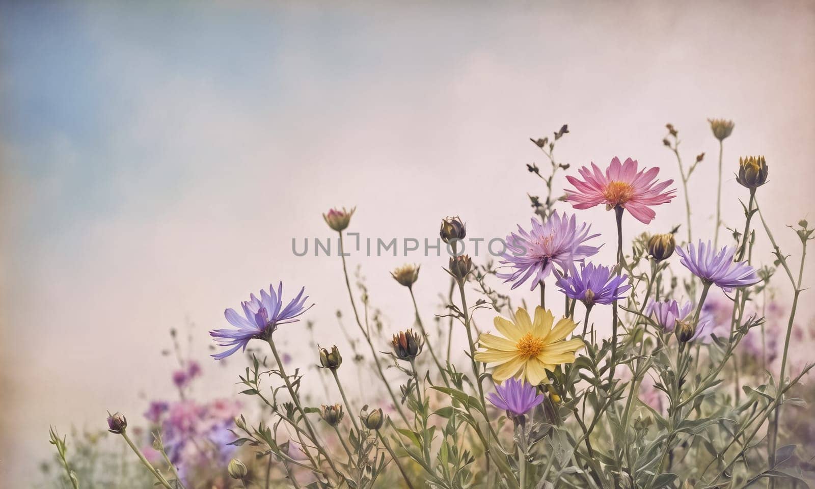 Vintage illustration of a vibrant array of wildflowers showcases shades of purple, pink, and yellow, framed by a calm pastel sky in the background, creating a tranquil atmosphere - Generative AI