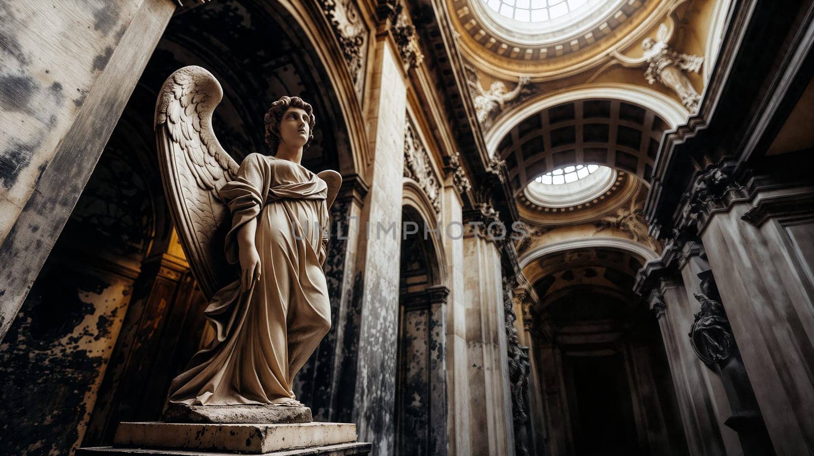 An angel sculpture crafted from marble captivates attention in a grand, dim corridor adorned with intricate moldings and soft natural light pouring through the skylight above - Generative AI