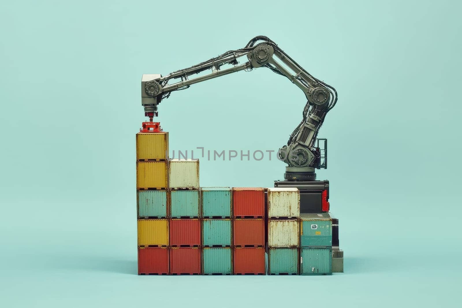 This image showcases a minimalist design featuring a futuristic robot arm engaged in a container stacking process against a soft backdrop.