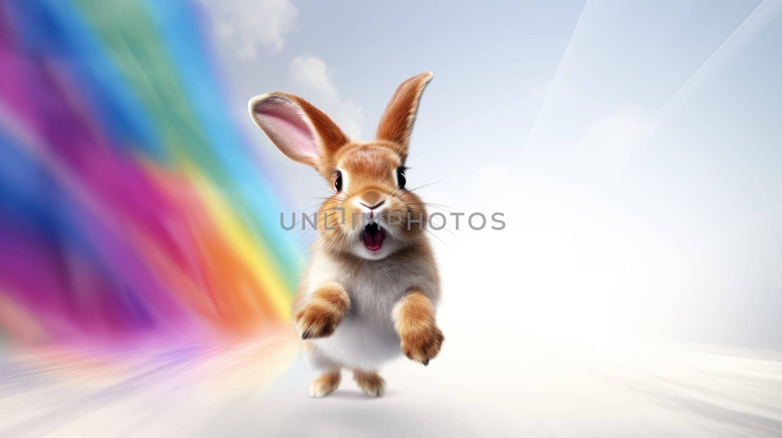 A fluffy white bunny joyfully leaps on white clouds under the bright sun, capturing natures beauty and the bunnys innocence, bringing joy and wonder.